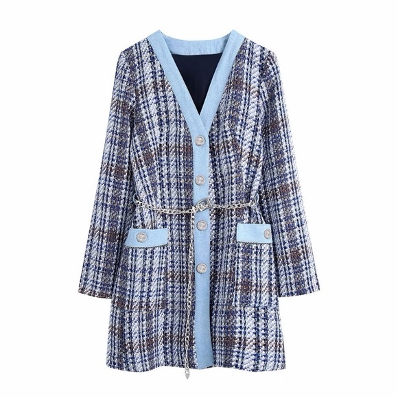 Zara Light Blue and Navy Plaid Tweed Cardigan Jacket size large - Picture 2 of 13